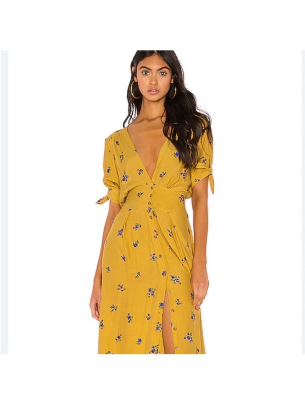 Lovers and Friends Floral V-Neck Midi Dress with Tie Sleeves